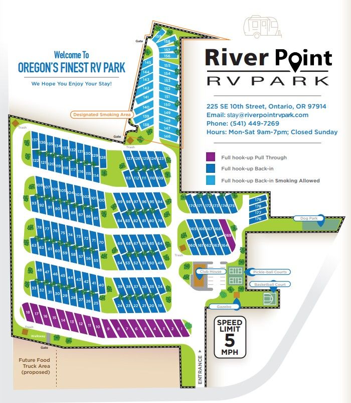 A map of River Point RV Park showing lot layouts, color-coded sections, entry/exit roads, and a welcome banner at top for Oregon&rsquo;s Finstry Park, with a 5 mph speed limit.