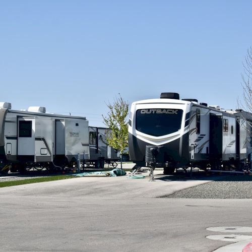A row of large travel trailers/RVs parked in a sunny campground with a clear blue sky.
